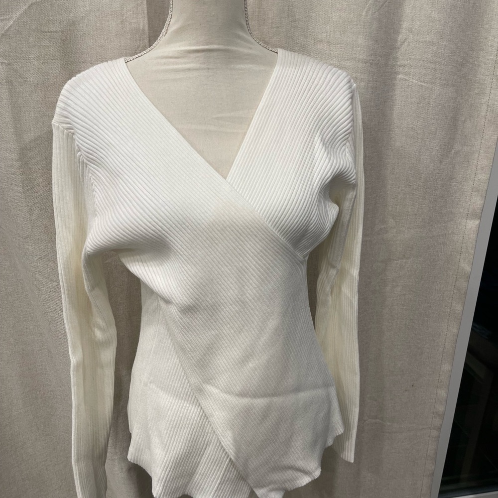 White Ribbed Wrap Sweater - Picture 2 of 6